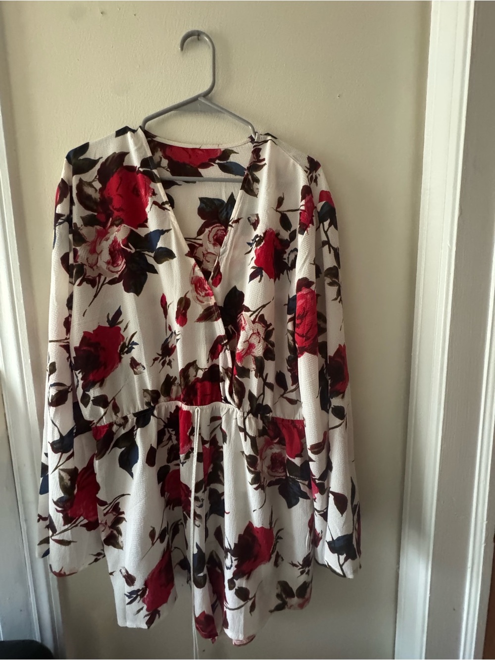 White Floral V-Neck d romper with Red Roses